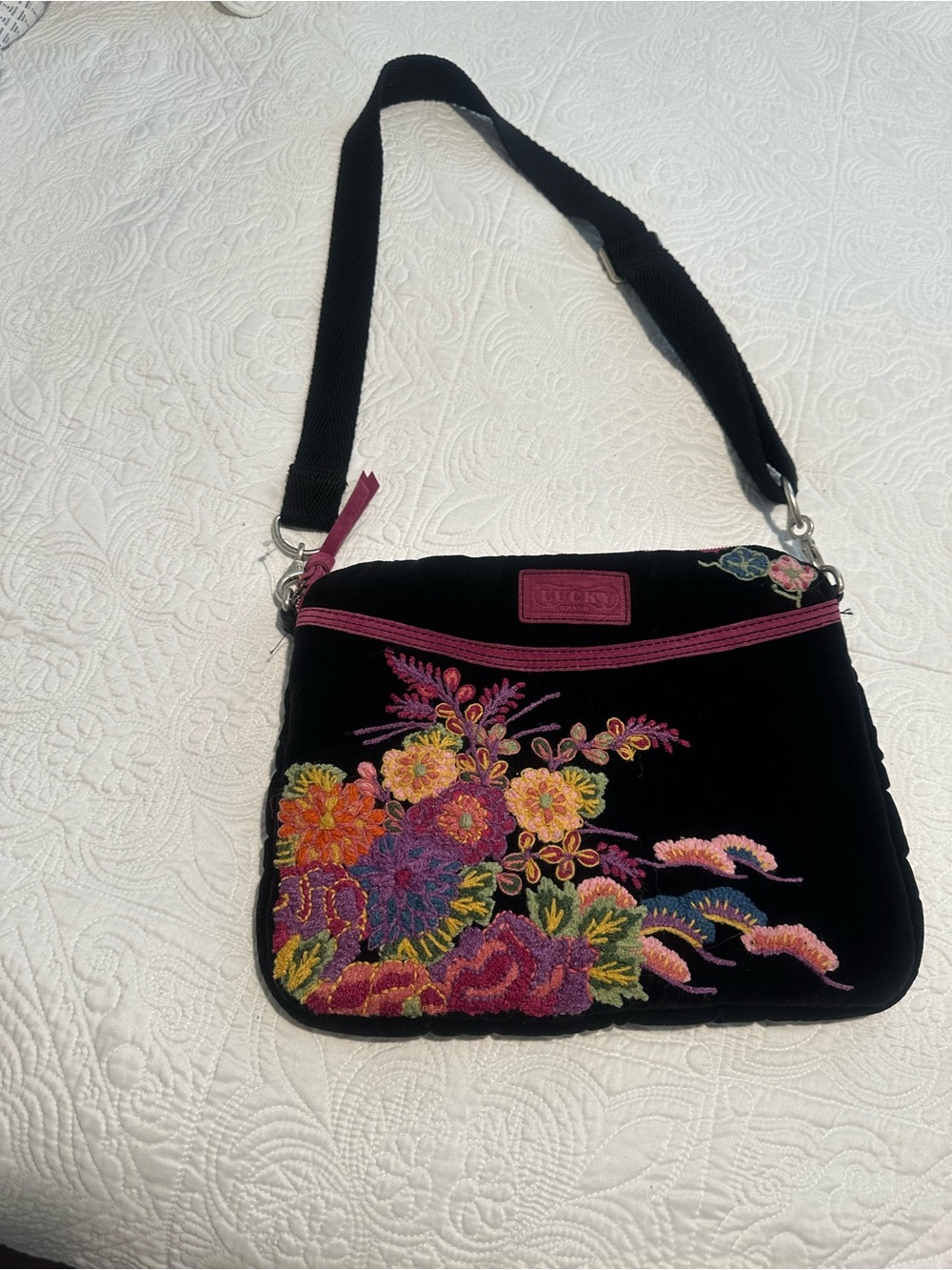 Lucky Brand Black Velvet Crossbody with Multicolor Floral Embroidery